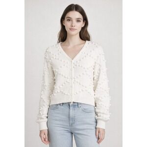 Storia Women's White Cotton Pom Pom Bobble Knit V-Neck Cardigan Sweater Cozy